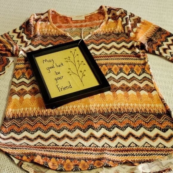 Bobbie Brooks Sz L Aztek Fall Colored 3/4 Sleeve V-neck Pullover Tunic Top - Picture 7 of 10